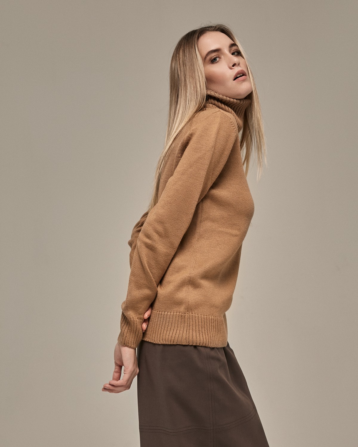 Базовая водолазка с высоким горлом и длинным рукавом из шерстяного трикотажа. Прекрасно сочетается с жакетами и пальто и подойдет любому типу фигуры.

На модели размерXS/S