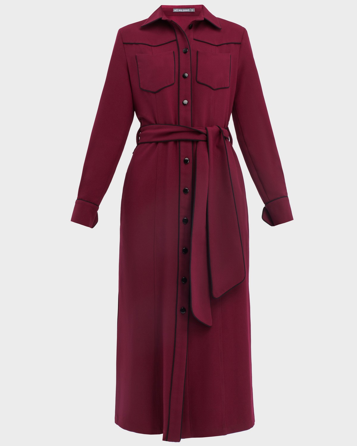 Платье DR042, цвет: винный Allweneed Платье-рубашка приталенного силуэта длины миди с застежкой на пуговицы дополнено поясом в тон из основного материала и кантом черного цвета. С этим платьем можно собрать множество образов, так как оно прекрасно смотрится как самостоятельно, так и в качестве накидки, дополняющей образ с водолазкой и брюками.