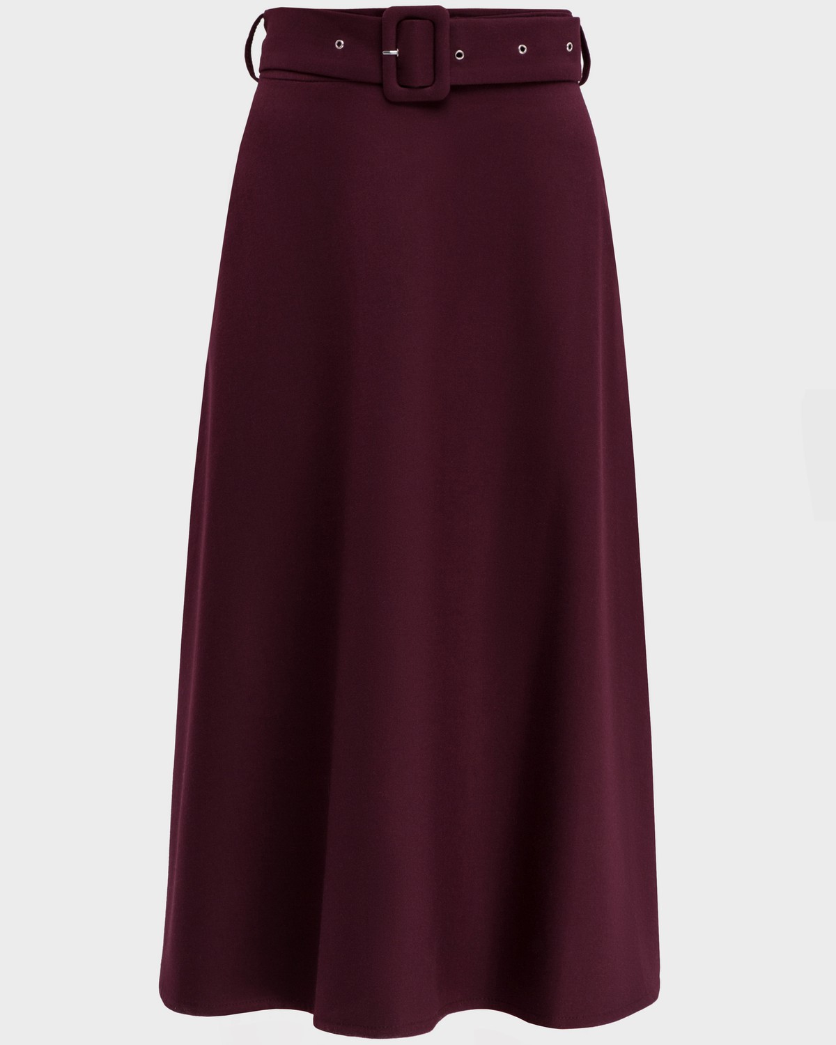 Юбка-трапеция длины миди. Дополнена широким поясом с обтяжной пряжкой в тон изделия. Обновленныйбестселлер нашей коллекции прекрасно сочетается с объемным верхом: блузами, свободными рубашками и жакетами.