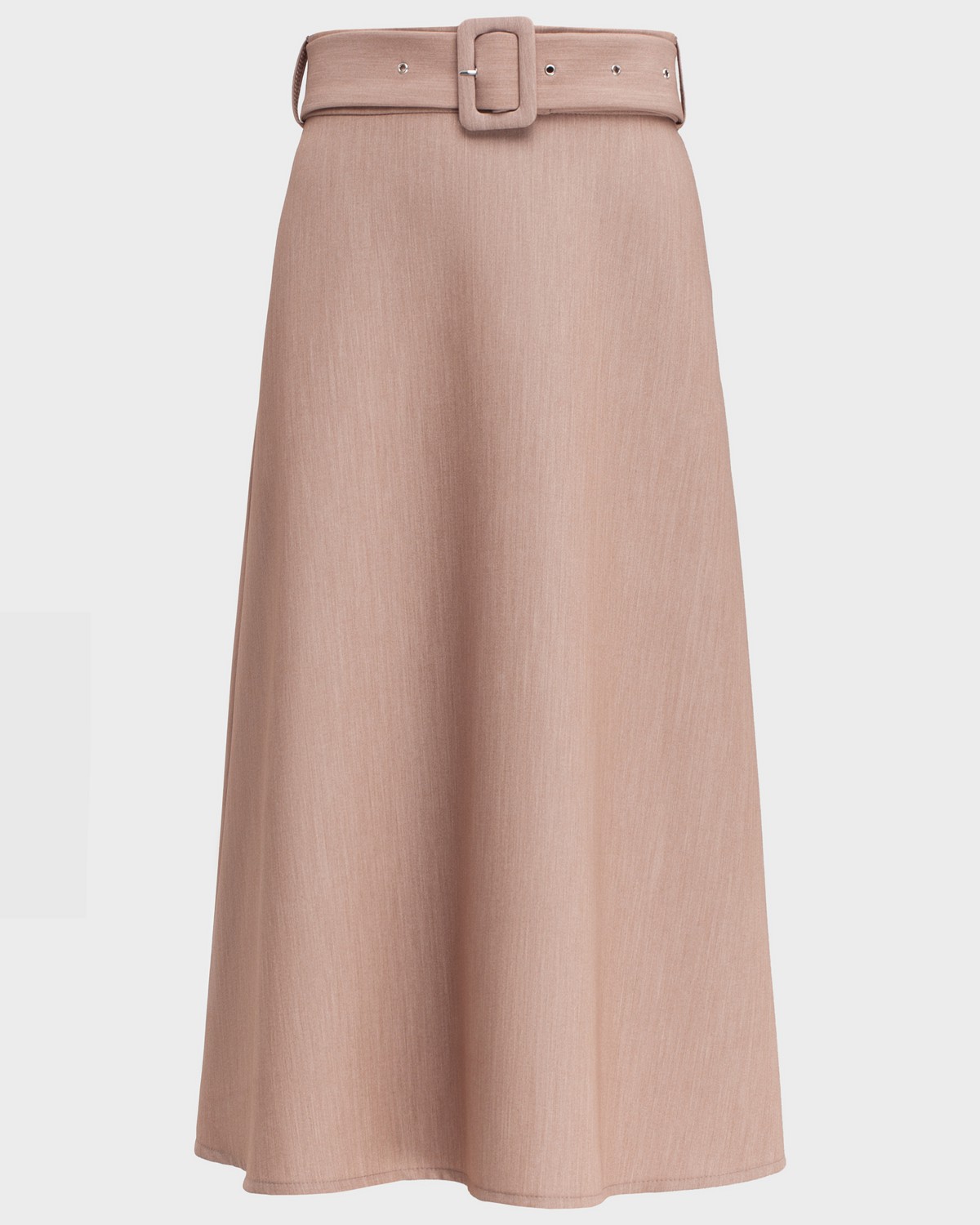 Юбка-трапеция длины миди. Дополнена широким поясом с обтяжной пряжкой в тон изделия. Обновленныйбестселлер нашей коллекции прекрасно сочетается с объемным верхом: блузами, свободными рубашками и жакетами.