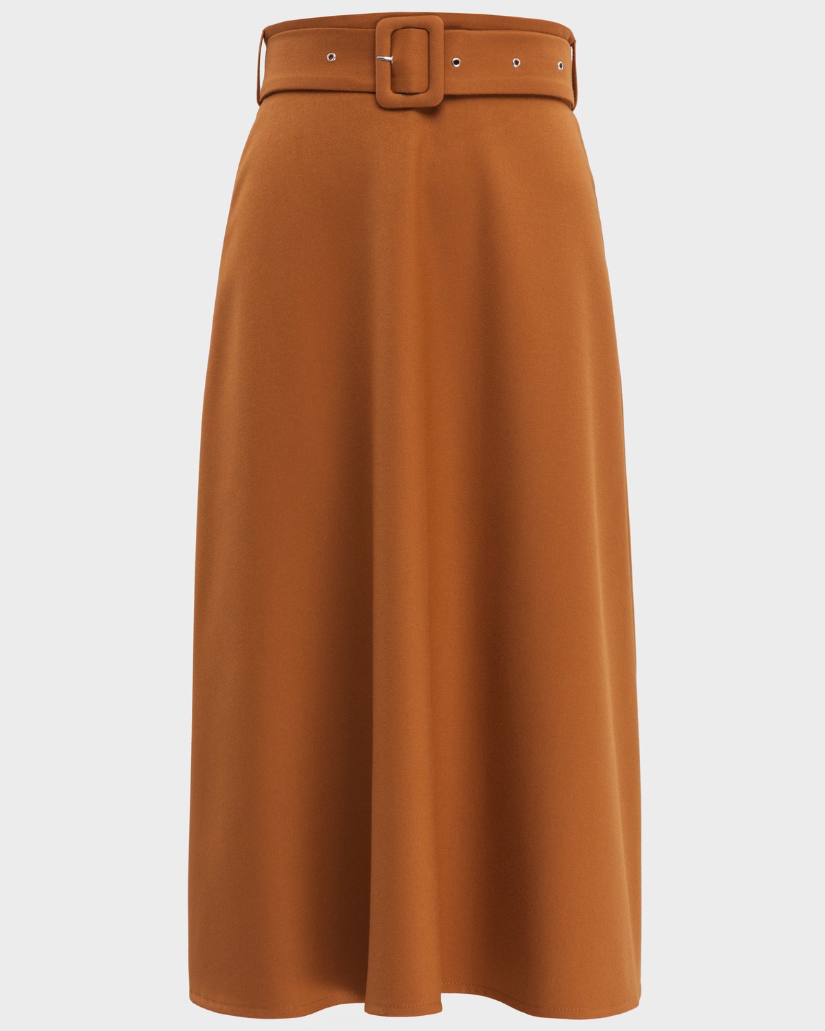 Юбка-трапеция длины миди. Дополнена широким поясом с обтяжной пряжкой в тон изделия. Обновленныйбестселлер нашей коллекции прекрасно сочетается с объемным верхом: блузами, свободными рубашками и жакетами.