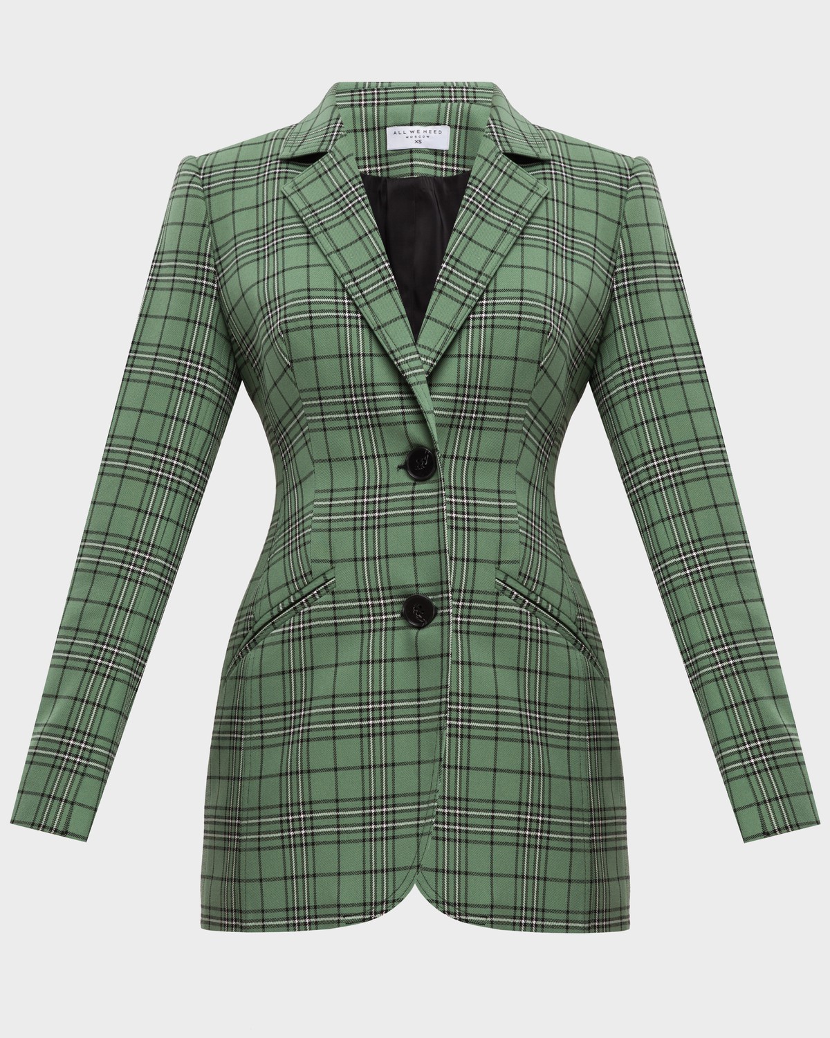 Приталенный однобортный жакет с застежкой на две пуговицы. Очень женственный крой жакета формирует желанный силуэт песочные часы.