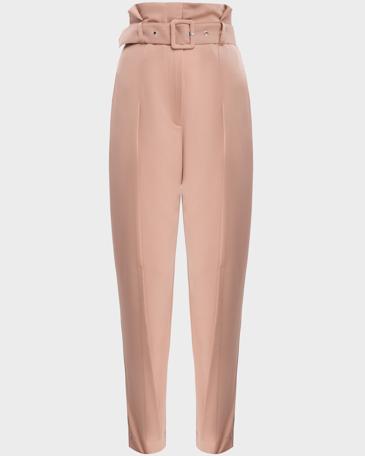 Брюки-бананы с высокой посадкой, простроченными стрелками и защипами. Дополнены поясом с обтяжной пряжкой. Сочетайте с однотонным жакетом из комплекта для создания изысканного, делового или вечернего образа.

На модели размер XS