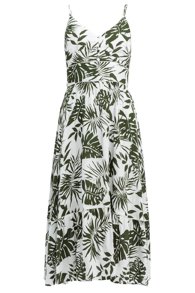 Платье А-силуэта длины миди с воланами на подоле. Дополнено кокеткой и застежкой на пуговицу на груди. Бретели регулируются. Платье идеально для похода в ресторан жарким летним вечером.

На модели размер XS