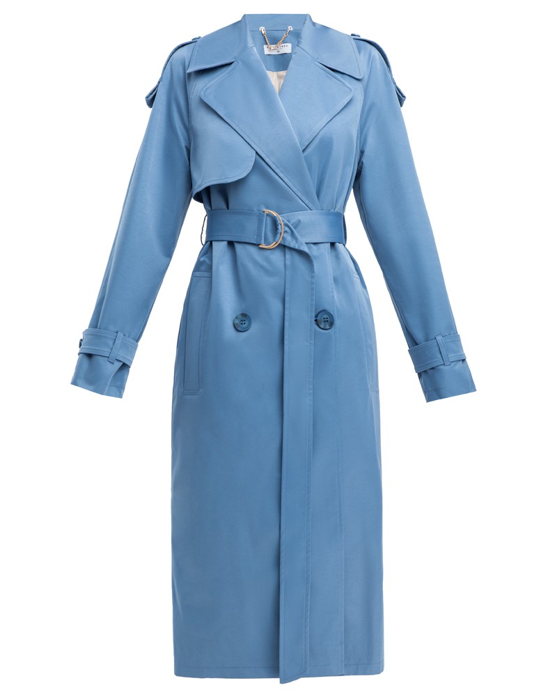 Тренч классической посадки с рукавом реглан. Дополнен погонами, патами на рукавах и поясом в тон изделия с металлической пряжкой. Выполнен из плащевой ткани с добавалением хлопка, на подкладке. Защитит от ветра весенними вечерами.