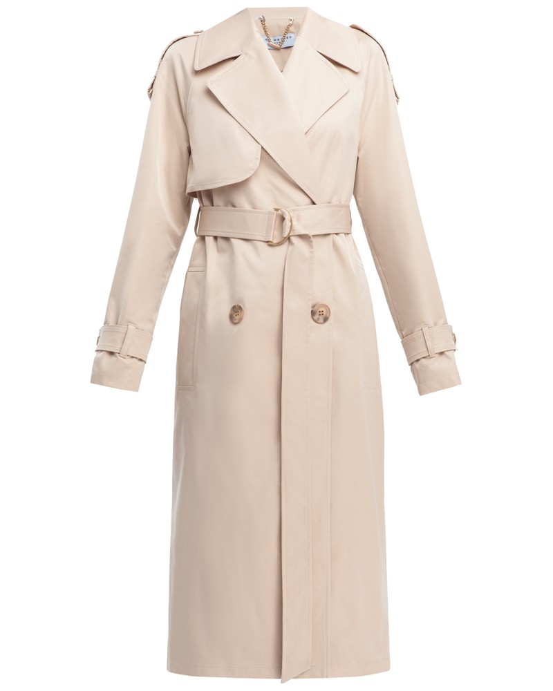 Тренч классической посадки с рукавом реглан. Дополнен погонами, патами на рукавах и поясом в тон изделия с металлической пряжкой. Выполнен из плащевой ткани с добавалением хлопка, на подкладке. Защитит от ветра весенними вечерами.