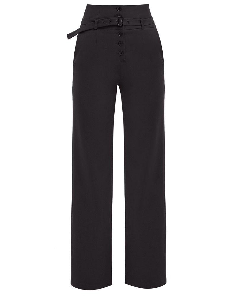 Широкие брюки палаццо в пол с застежкой на ряд пуговиц и высокой талией. Дополнены тонким поясом с пряжкой в тон. Способны сделать Ваши ноги бесконечными.

На модели размер XS