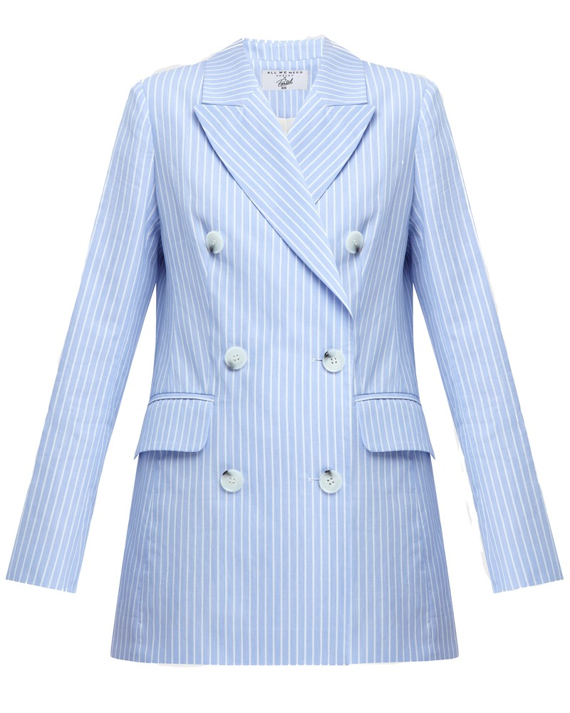 Жакет JA003-2, цвет: голубой в белую полоску Allweneed Летний, слегка приталенный, двубортныйжакет. Сочетайте с шортами от комплекта для создания стильного образа для отпуска.