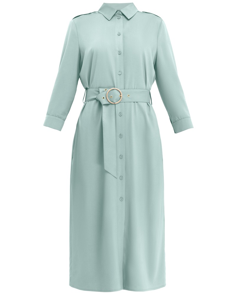 Платье-рубашка длины миди с застежкой на пуговицы и рукавом 3/4. Дополнено поясом в тон изделия с золотой матовой пряжкой. Это платье по-настоящему многофункциональное, потому что его можно носить не только как платье, но и как накидку.

На модели размер XS