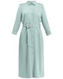 Платье-рубашка длины миди с застежкой на пуговицы и рукавом 3/4. Дополнено поясом в тон изделия с золотой матовой пряжкой. Это платье по-настоящему многофункциональное, потому что его можно носить не только как платье, но и как накидку.

На модели размер XS
