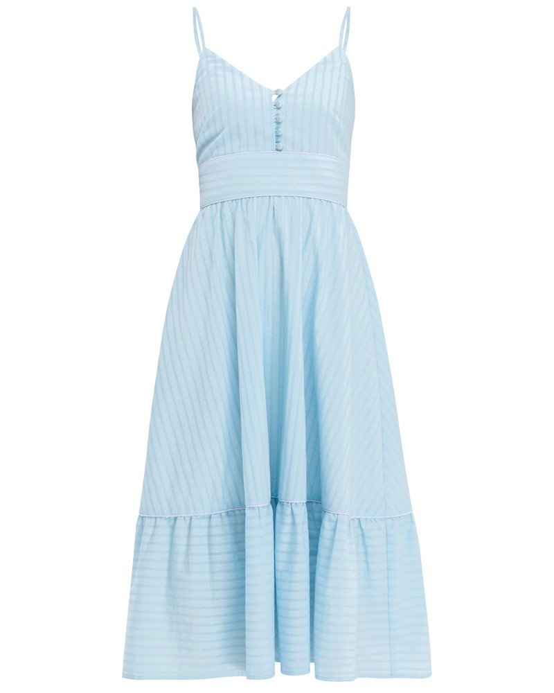 Платье А-силуэта длины миди с воланами на подоле. Дополнено кокеткой и застежкой на пуговицу на груди. Бретели регулируются. Платье идеально для похода в ресторан жарким летним вечером.

На модели размер XS