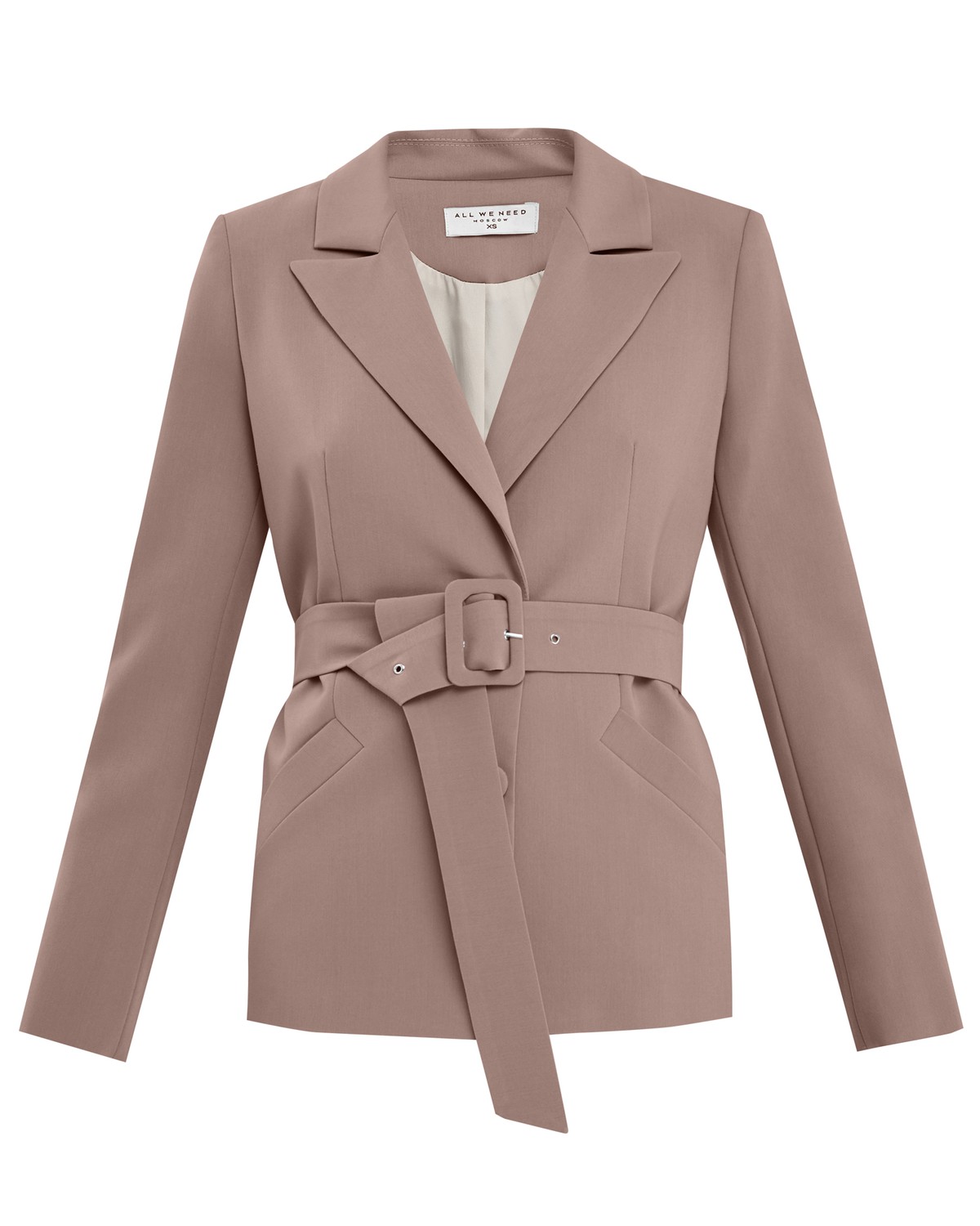 Жакет однобортный с поясом, цвет: какао Allweneed Слегка приталенный однобортный жакет с застежкой на две пуговицы и клапанами на карманах. Дополнен широким поясом с обтяжной пряжкой в тон изделия и обтяжными пуговицами. Широкий пояс подчеркнет тонкую талию и сформирует силуэт песочные часы