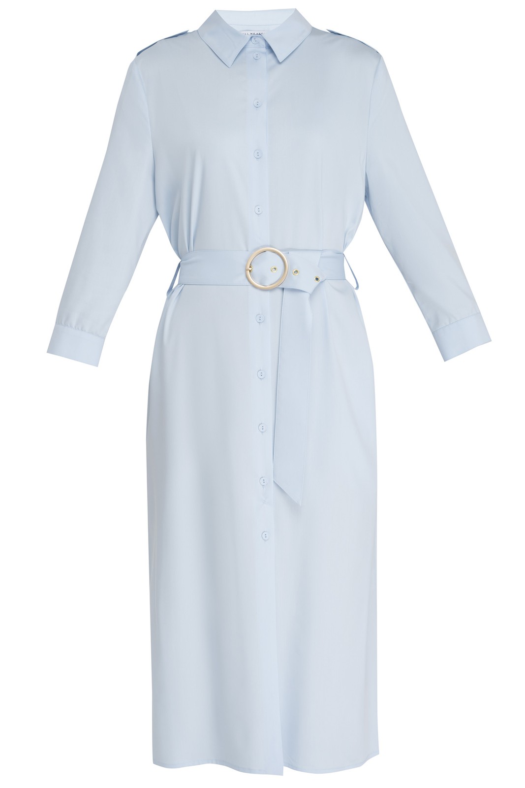 Платье-рубашка длины миди с застежкой на пуговицы и рукавом 3/4. Дополнено поясом в тон изделия с золотой матовой пряжкой. Это платье по-настоящему многофункциональное, потому что его можно носить не только как платье, но и как накидку.

На модели размер XS