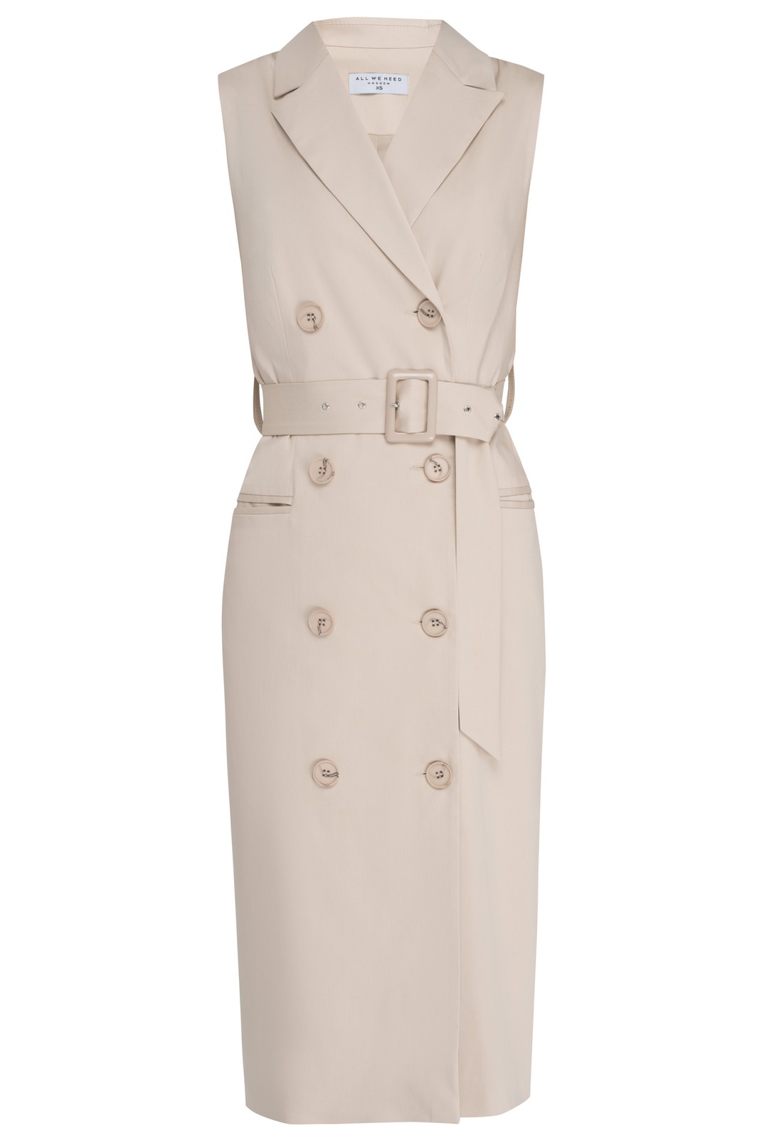 Двубортное платье-жакет длины миди без рукавов с посадкой по фигуре. Дополнено поясом в тон с пряжкой в тон и клапанами на карманах. С ним Вы можете собрать элегантый, вечерный или деловыйобраз.

На модели размер XS