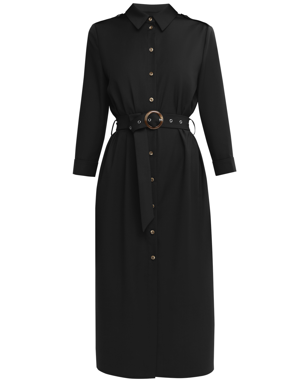 Платье-рубашка длины миди с застежкой на пуговицы и рукавом 3/4. Дополнено поясом в тон изделия спряжкой. Это платье по-настоящему многофункциональное, потому что его можно носить не только как платье, но и как накидку поверх джинс.

На модели размер XS