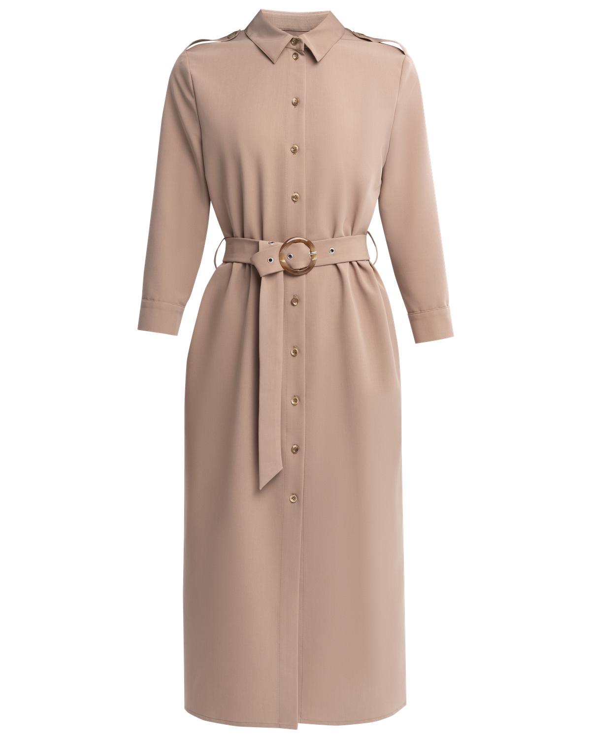 Платье-рубашка длины миди с застежкой на пуговицы и рукавом 3/4. Дополнено поясом в тон изделия спряжкой. Это платье по-настоящему многофункциональное, потому что его можно носить не только как платье, но и как накидку поверх джинс.

На модели размер XS