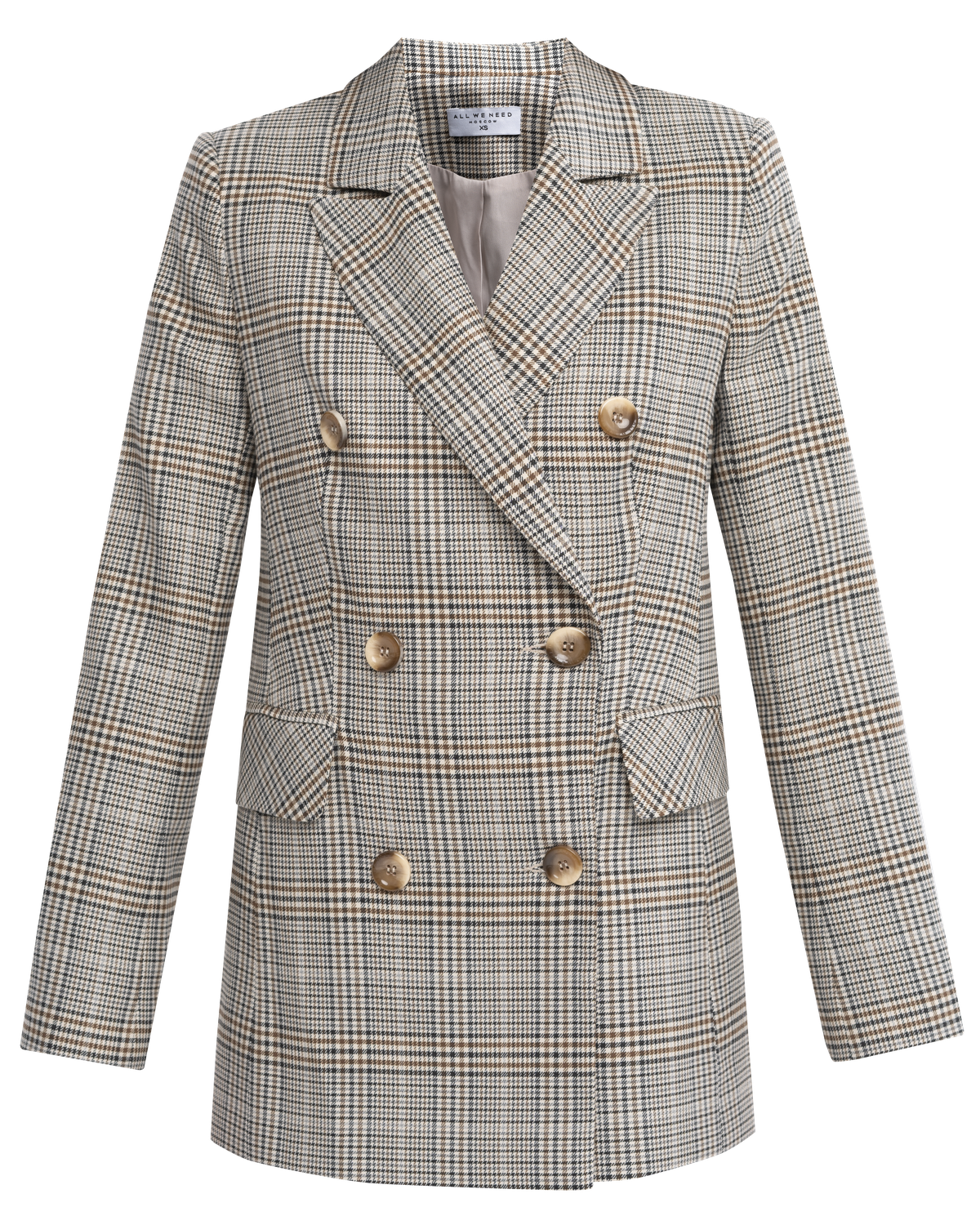 Жакет двубортный приталенный, цвет: серо-бежевая клетка Allweneed Слегка приталенный двубортный жакет из плотной мягкой вискозы послужит удачным дополнением не только к деловым нарядам, но и к повседневным образам. Незаменимый элемент базового гардероба, который легко сочетать с брюками, юбками, платьями и денимом.
На модели размер XS