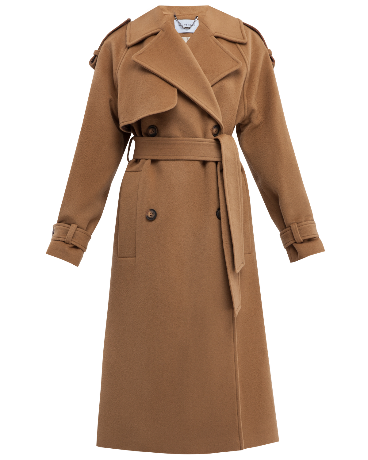 Двубортное пальто-тренч свободного кроя с застежкой на пуговицы. Дополнено поясом, пряжкой на манжетах и погонами в тон изделия. Модный силуэт oversize позволяет создавать дерзкие образы в стиле 80-х гг.

На модели размер XS