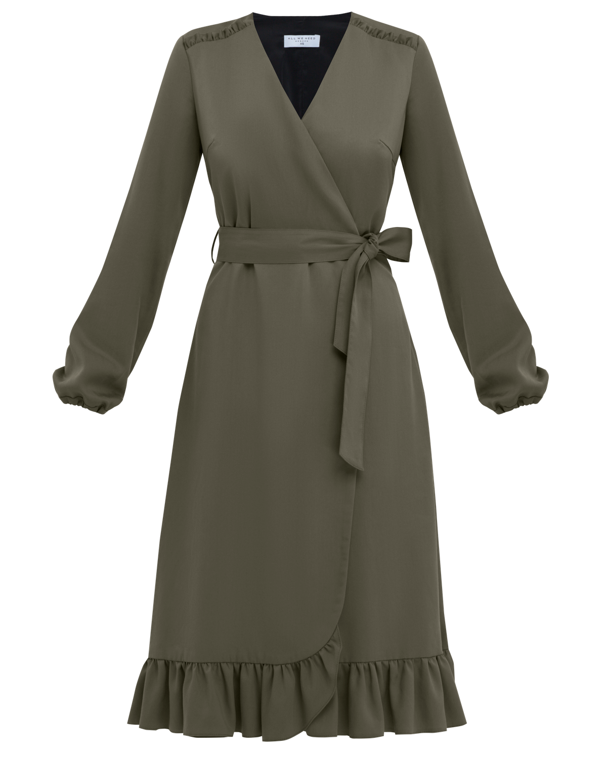 Платье с воланами длины миди, цвет: хаки Allweneed Платье с запахом длины чуть ниже колена. Дополнено воланом на подоле и поясом в тон, застежка на молнию. Собирайте с ним женственные образы на каждый день.
На модели размер XS