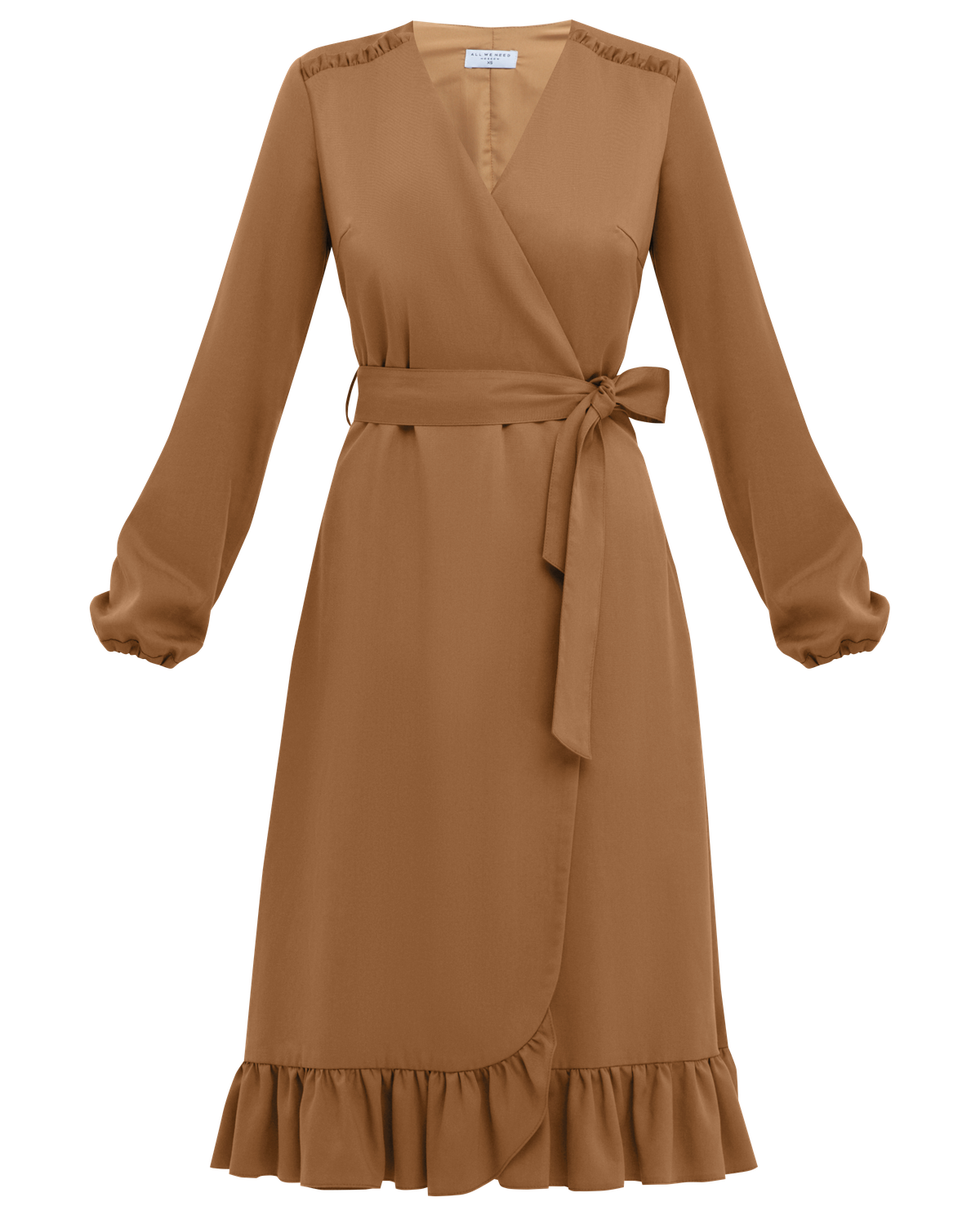 Платье с воланами длины миди, цвет: кэмел Allweneed Платье с запахом длины чуть ниже колена. Дополнено воланом на подоле и поясом в тон, застежка на молнию. Собирайте с ним женственные образы на каждый день.
На модели размер XS
