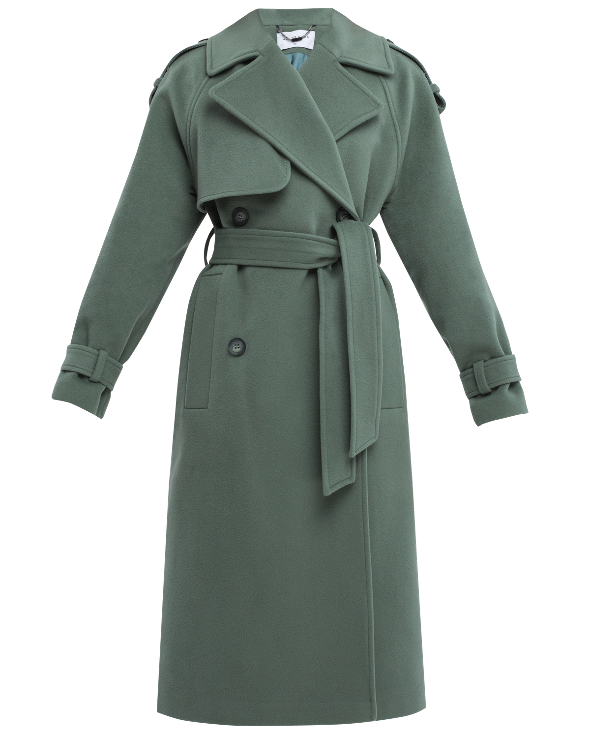 Двубортное пальто-тренч свободного кроя с застежкой на пуговицы. Дополнено поясом, пряжкой на манжетах и погонами в тон изделия. Модный силуэт oversize позволяет создавать дерзкие образы в стиле 80-х гг.

На модели размер XS