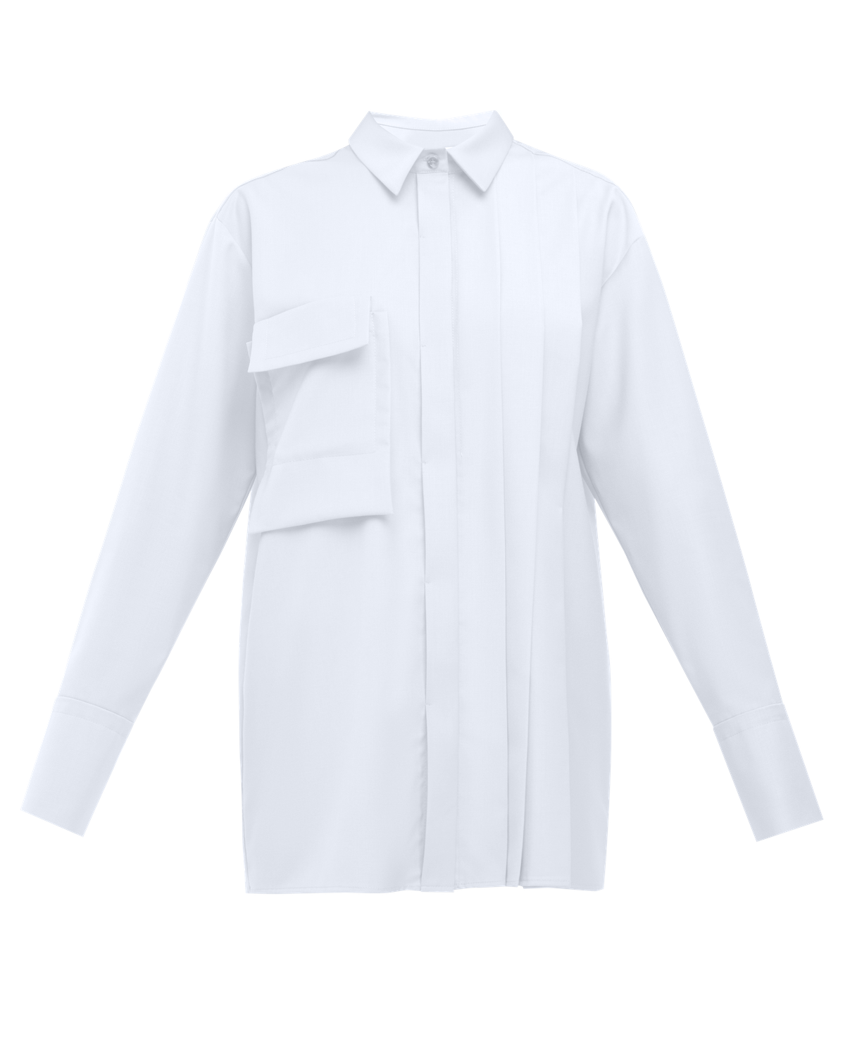 Акцентная удлиненная рубашка с объемным накладным карманом и плиссировкой по левому боку. Дополнена поясом на пуговицах в тон изделия. Модель позволяет носить ее как с поясом, так и без. Идеальный вариант для создания уникального делового или повседневного образа.

На модели размер XS