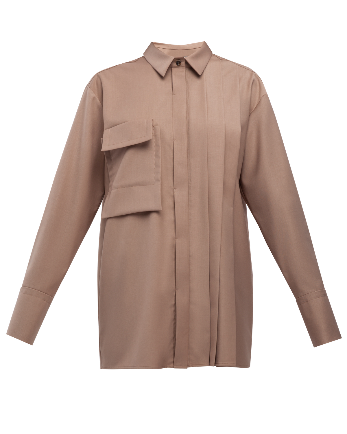 Акцентная удлиненная рубашка с объемным накладным карманом и плиссировкой по левому боку. Дополнена поясом на пуговицах в тон изделия. Модель позволяет носить ее как с поясом, так и без. Идеальный вариант для создания уникального делового или повседневного образа.

На модели размер XS