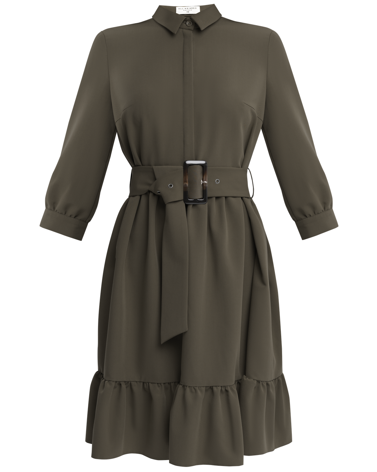 Платье-рубашка длины чуть выше колена и рукавом три четверти. Дополнено воланом на подоле и широким поясом в тон изделия с роговой пряжкой. Женственный силуэт платья позволит создать игривый, осеннийобраз.

На модели размер XS