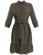 Платье-рубашка длины чуть выше колена и рукавом три четверти. Дополнено воланом на подоле и широким поясом в тон изделия с роговой пряжкой. Женственный силуэт платья позволит создать игривый, осеннийобраз.

На модели размер XS