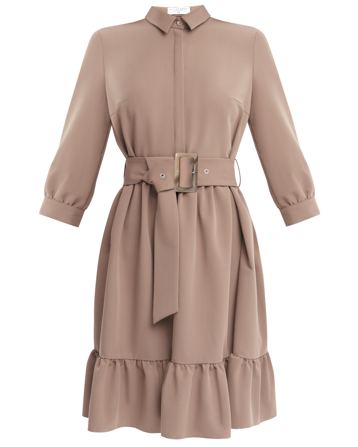 Платье-рубашка длины чуть выше колена и рукавом три четверти. Дополнено воланом на подоле и широким поясом в тон изделия с роговой пряжкой. Женственный силуэт платья позволит создать игривый, осеннийобраз.

На модели размер XS