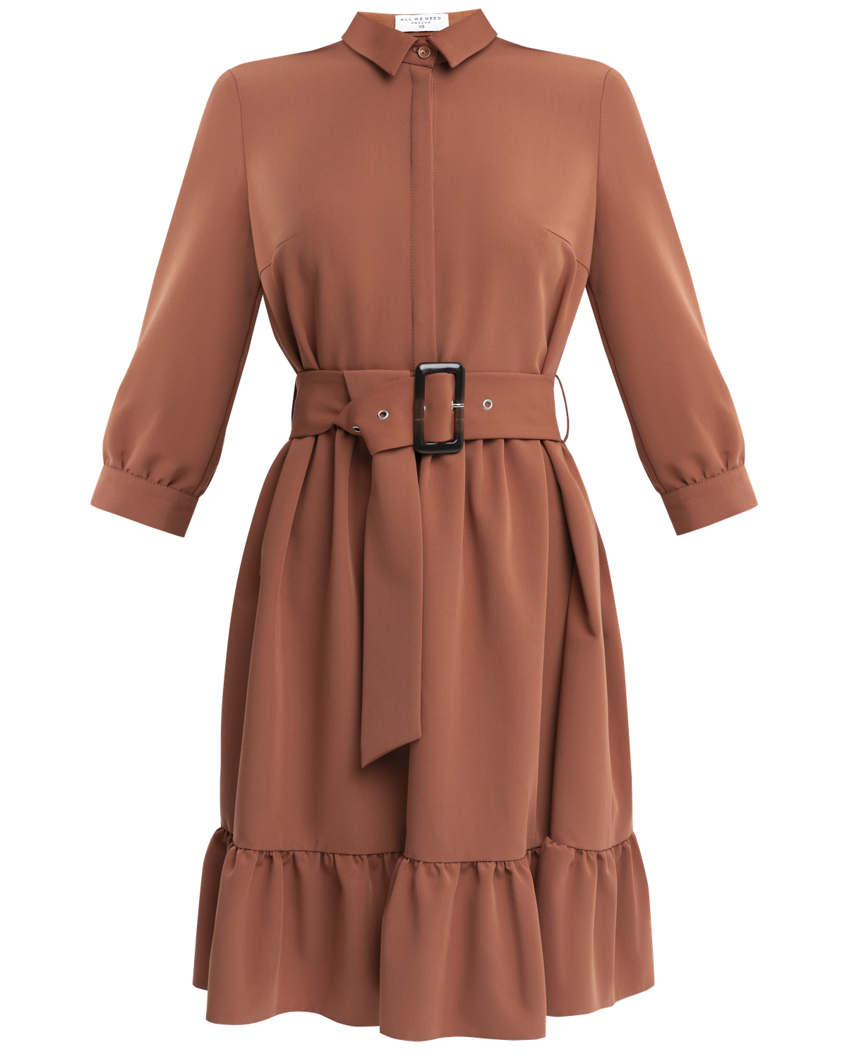 Платье-рубашка длины чуть выше колена и рукавом три четверти. Дополнено воланом на подоле и широким поясом в тон изделия с роговой пряжкой. Женственный силуэт платья позволит создать игривый, осеннийобраз.

На модели размер XS