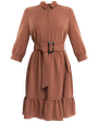 Платье-рубашка длины чуть выше колена и рукавом три четверти. Дополнено воланом на подоле и широким поясом в тон изделия с роговой пряжкой. Женственный силуэт платья позволит создать игривый, осеннийобраз.

На модели размер XS