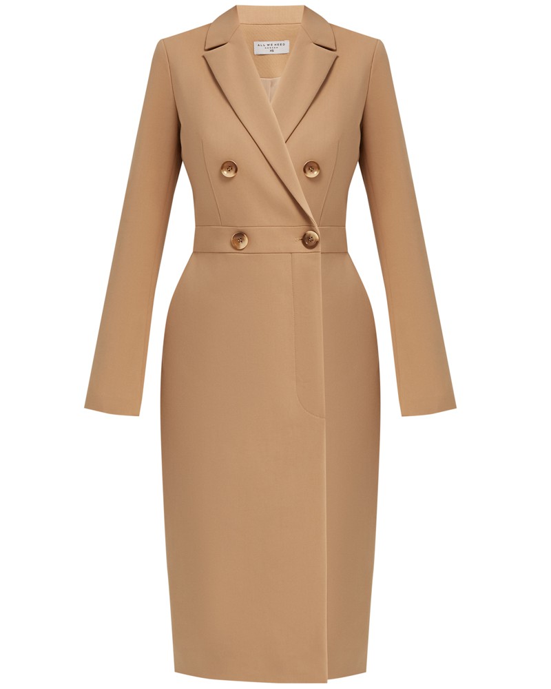 Двубортное платье приталенного силуэта с втачными рукавами. Втачной пояс делает акцент на талии, аккуратно подчеркивая ее. Верхняя часть дополнена декоративным карманом. Платье можно сочетать с лодочками на шпильке для создания элегантного, вечернего образа. Чтобы образ стал более расслабленным, добавьте яркие аксессуары и туфли на низком ходу.

На модели размер XS