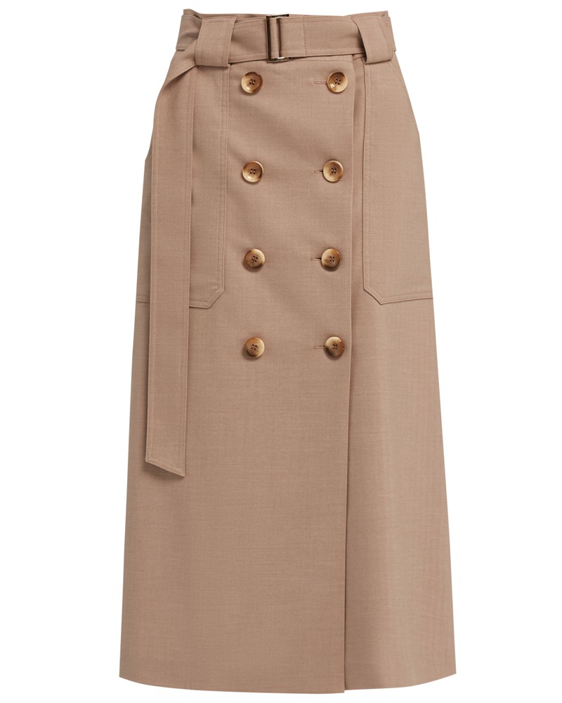 Двубортная юбка,расширенная к низу, с отрезным поясом,застегивающимся на 1 пуговицу и 1 глазковую петлю. Съемный пояс позволяет дополнять образ подходящими аксессуарами. Юбку можно сочетать как со строгой рубашкой, так и с расслабленной блузой для вечернего выхода.

На модели размер XS