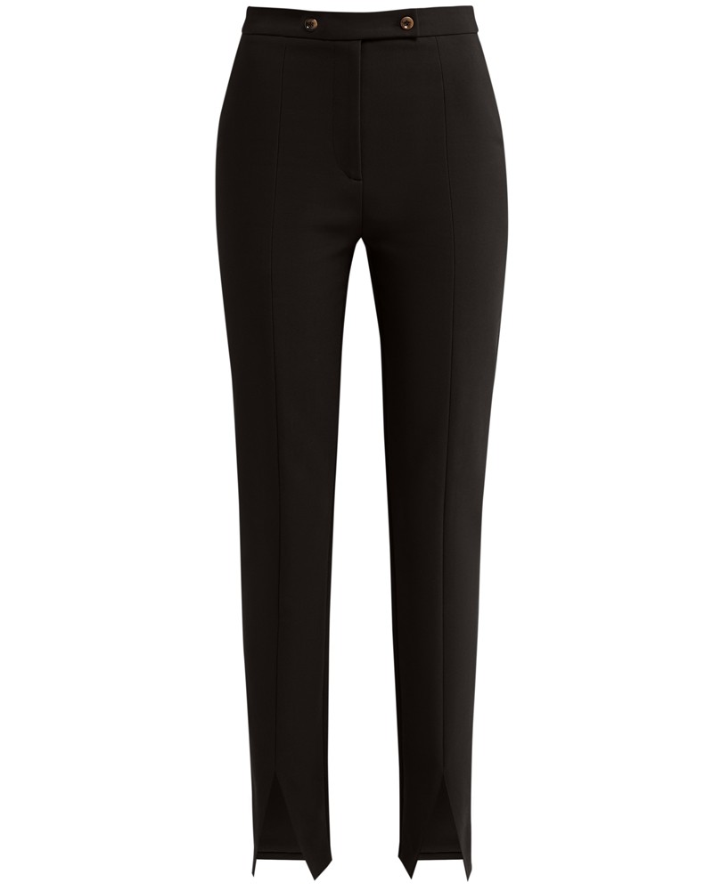 Брюки дудочки зауженные к низу. Брюки дополнены рельефными швами и разрезами спереди внизу, которые позволяют визуально удлинить ноги. Пояс декорирован двумя пуговицами в тон изделия.

На модели размер XS