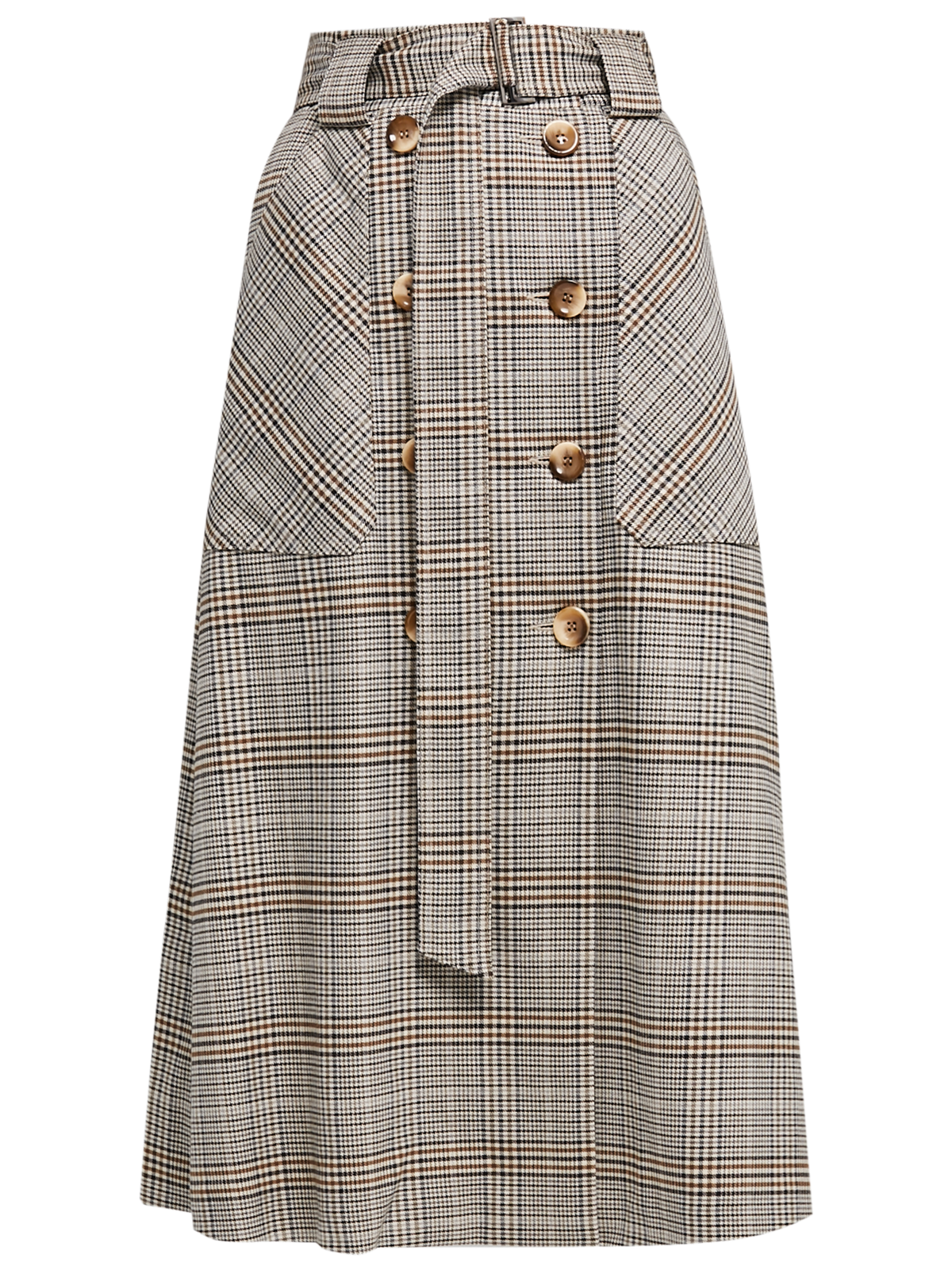 Двубортная юбка,расширенная к низу, с отрезным поясом,застегивающимся на 1 пуговицу и 1 глазковую петлю. Съемный пояс позволяет дополнять образ подходящими аксессуарами. Юбку можно сочетать как со строгой рубашкой, так и с расслабленной блузой для вечернего выхода.

На модели размер XS