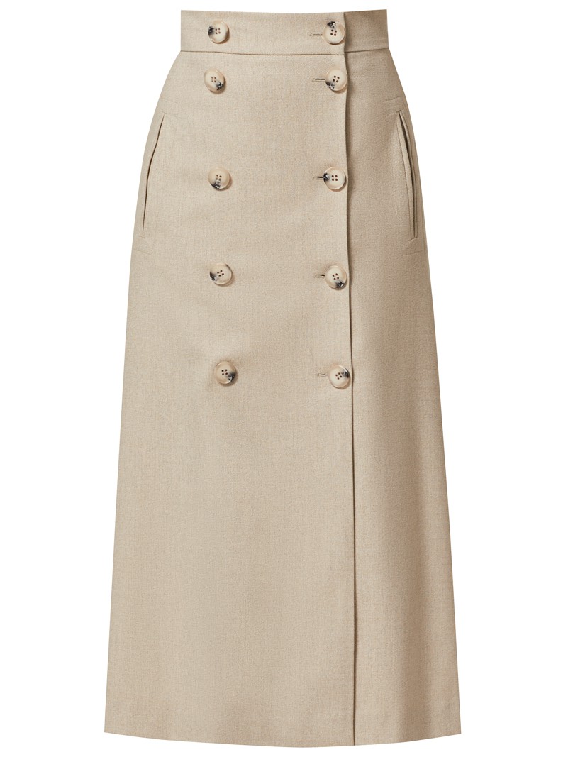 Юбка двубортная длины миди, цвет: светло-бежевый меланж Allweneed Двубортная юбка, расширенная к низу, с отрезным поясом, застегивающимся на 5 пуговиц и 5 глазковых петель. Юбку можно сочетать как со строгой рубашкой, так и с расслабленной блузой для вечернего выхода.
На модели размер XS