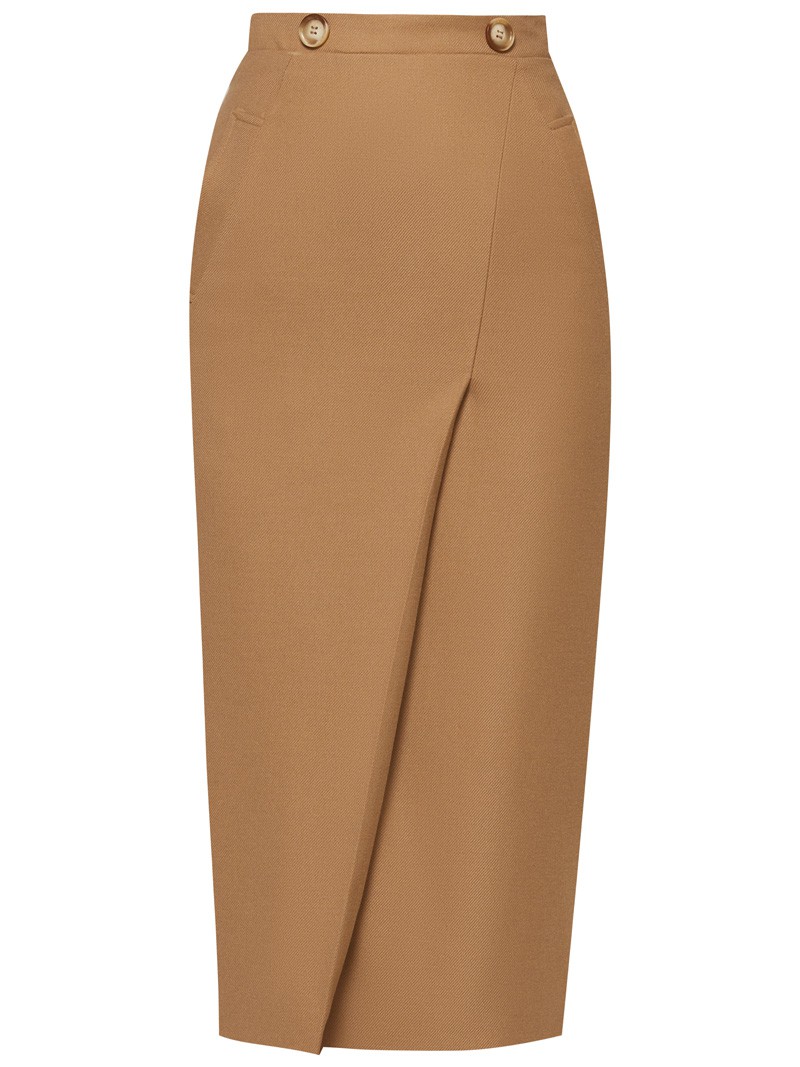 Юбка-карандаш с запАхом длины миди, дополнена карманами-листочками и пуговицей на поясе. Застегивается на потайную молнию на спинку. Сочетайте с объемным верхом: рубашкой бойфренда,блузами с запАхом,футболками, трикотажем и топами в бельевом стиле.

На модели размер XS