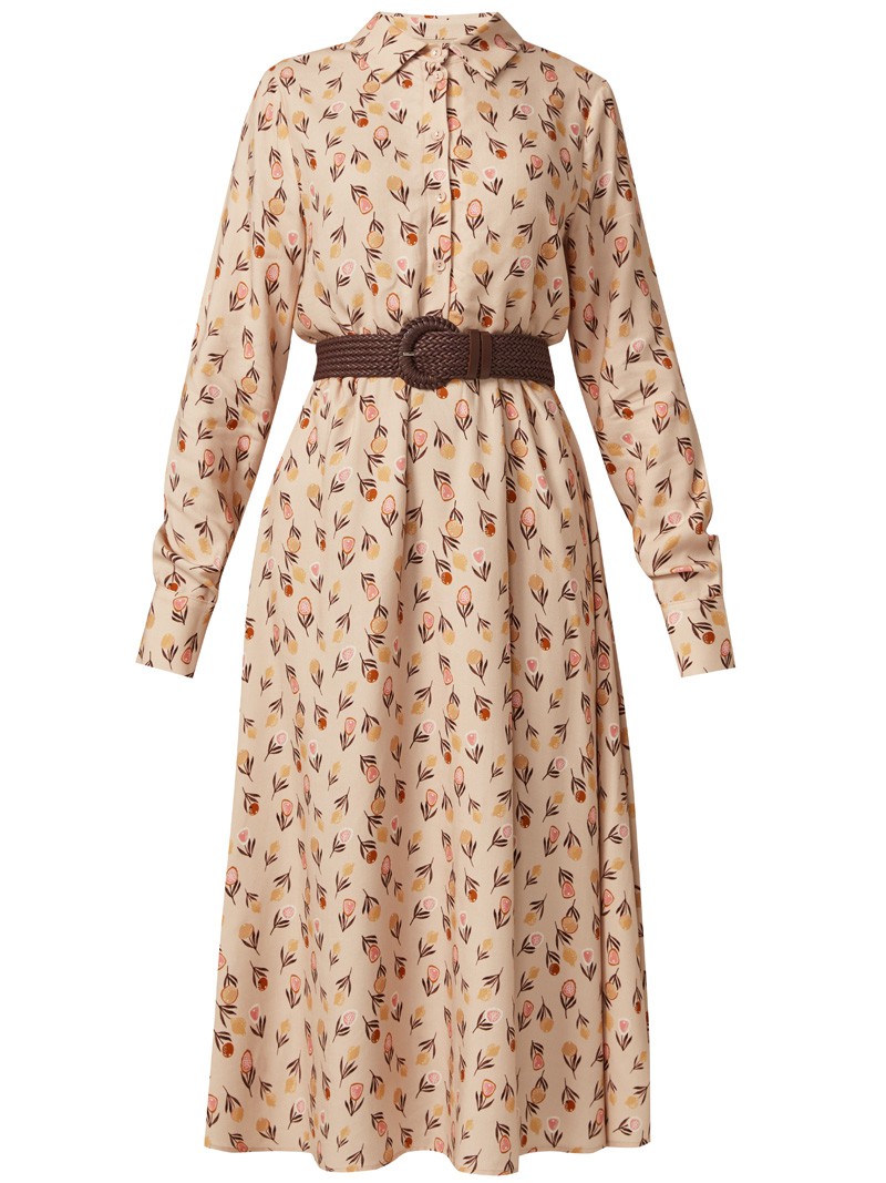 Платье-рубашка длины миди. Модель дополнена воротником-стойкой. В комплекте к платью прилагается съемный пояс, который подчеркнет ваш женственный силуэт. Добавьте аксессуары и ваш легкий и соблазнительный образ готов.

На модели размер S