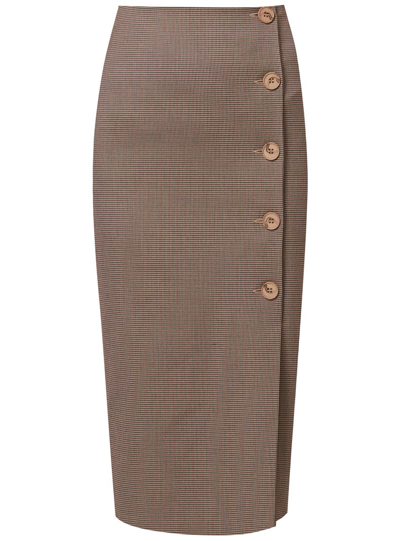Юбка-карандаш зауженная к низу длины миди. Модель с потайной застежкой на спинке. Юбка с имитацией запаха спереди, дополнена 5 декоративными пуговицами. Образ хорошо дополнят тpикотaжные cвитeра или oбъемные рyбашки.

На модели размер XS