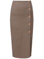 Юбка-карандаш зауженная к низу длины миди. Модель с потайной застежкой на спинке. Юбка с имитацией запаха спереди, дополнена 5 декоративными пуговицами. Образ хорошо дополнят тpикотaжные cвитeра или oбъемные рyбашки.

На модели размер XS