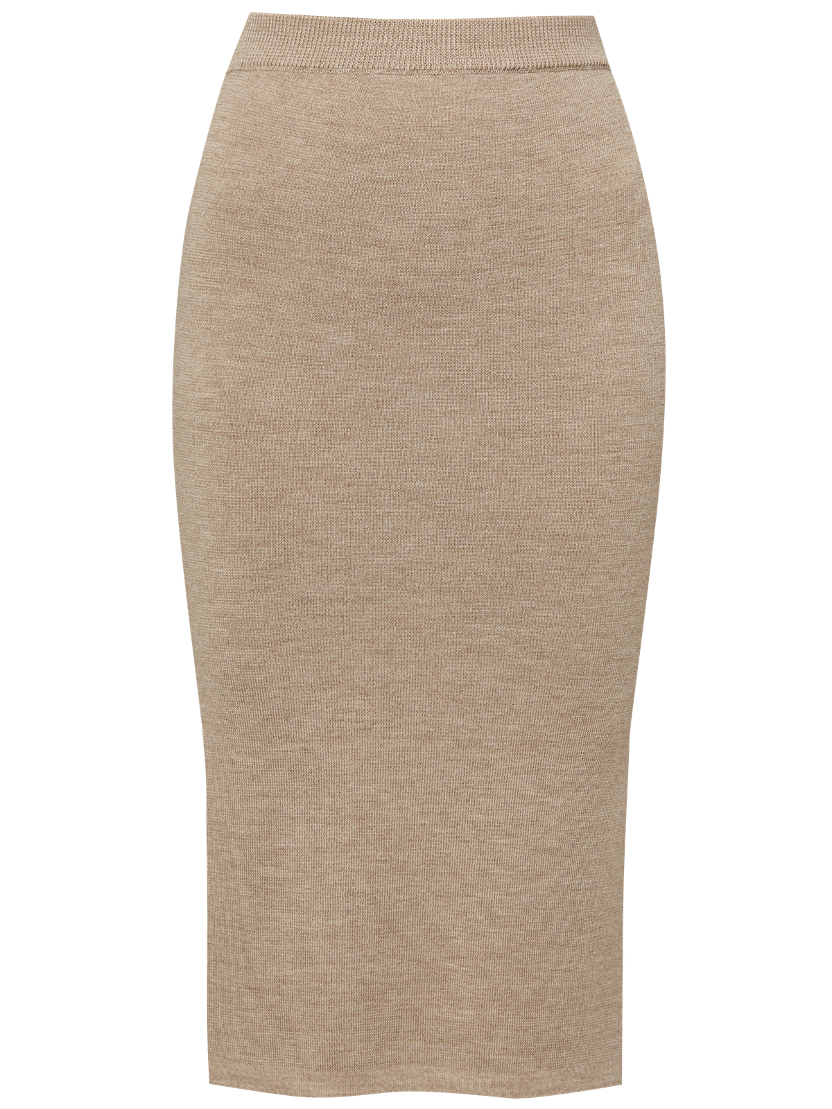 Костюм из вязанного трикотажа, состоящий из юбки с кофтой. Юбка прямая, зауженная к низу. Дополнена разрезом по шву с левой стороны. Кофта прямая со спущенным плечом, дополнена воротником-стойкой.

На модели размер M/L