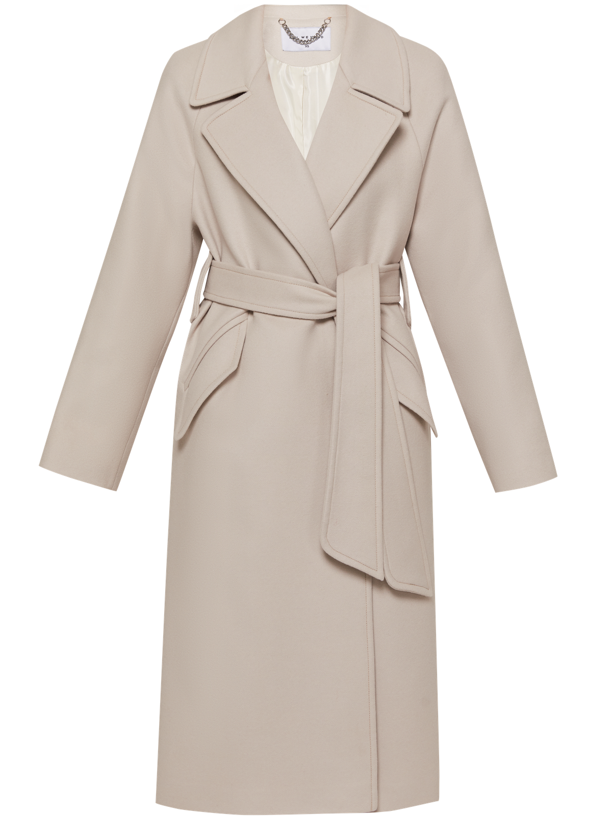 Пальто-халат длины миди с клапанами на карманах, рукавом реглан. Дополнено декоративными отстрочками и воротником-стойка с фигурным вырезом. Данная модель красиво подчеркивает женственные формы за счет пояса.

На модели размер XS