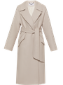 Пальто-халат длины миди с клапанами на карманах, рукавом реглан. Дополнено декоративными отстрочками и воротником-стойка с фигурным вырезом. Данная модель красиво подчеркивает женственные формы за счет пояса.

На модели размер XS