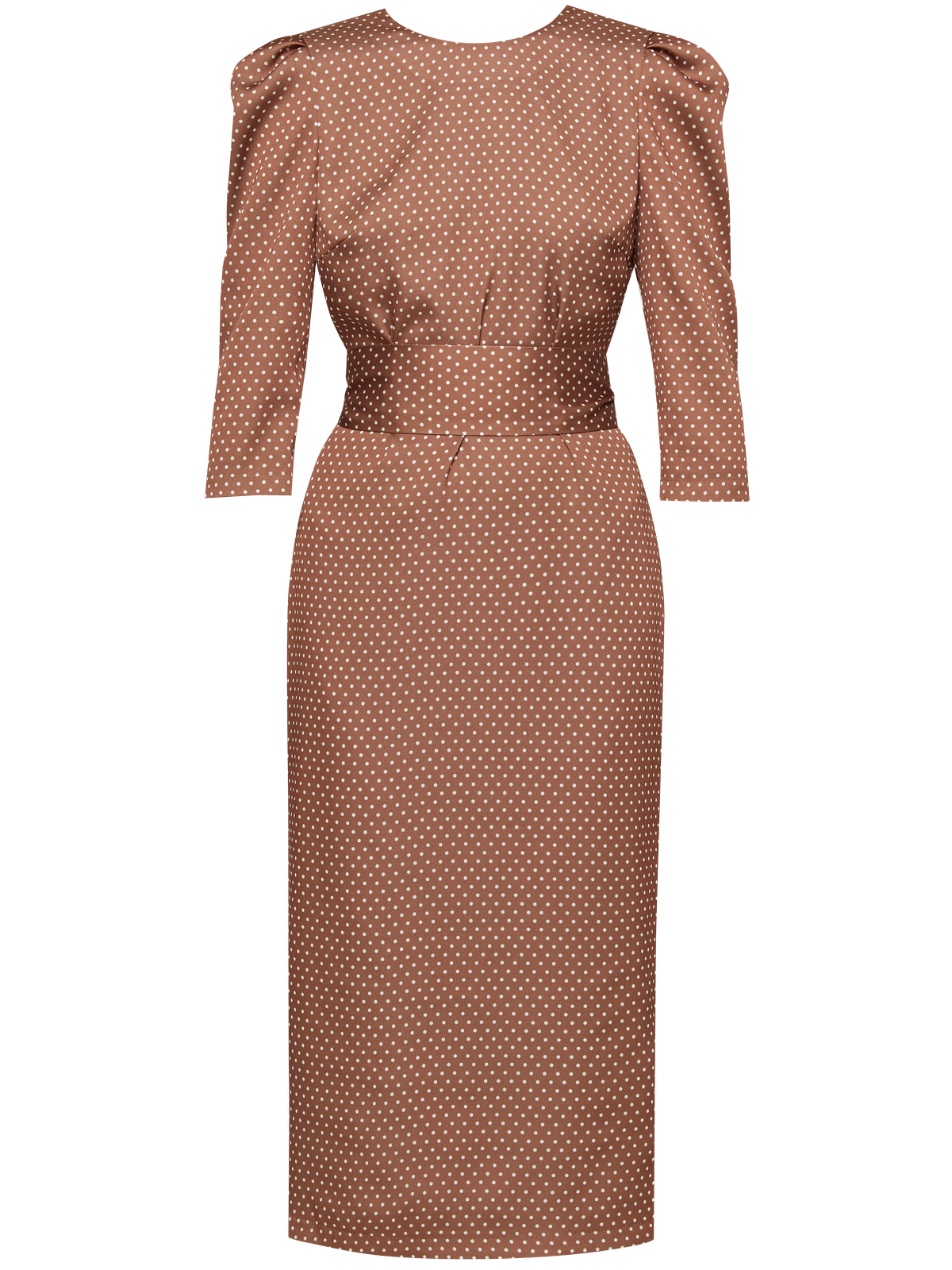 Платье-футляр миди с объемными рукавами. Пояс из основной ткани, подчеркивающий фигуру. Углубленный вырез на спине.Выполнено из легкой ткани из полиэстра с добавлением вискозы.

На модели размер M