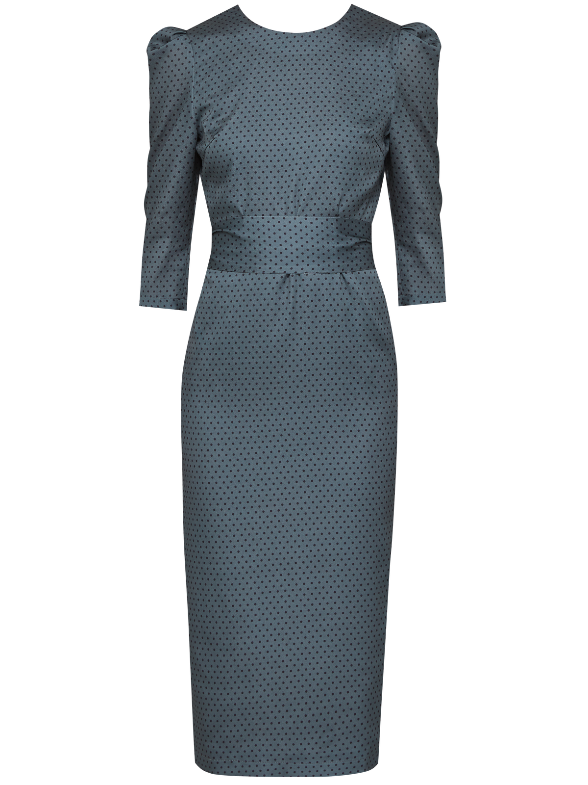 Платье-футляр миди с объемными рукавами. Пояс из основной ткани, подчеркивающий фигуру. Углубленный вырез на спине.Выполнено из легкой ткани из полиэстра с добавлением вискозы.

На модели размер M