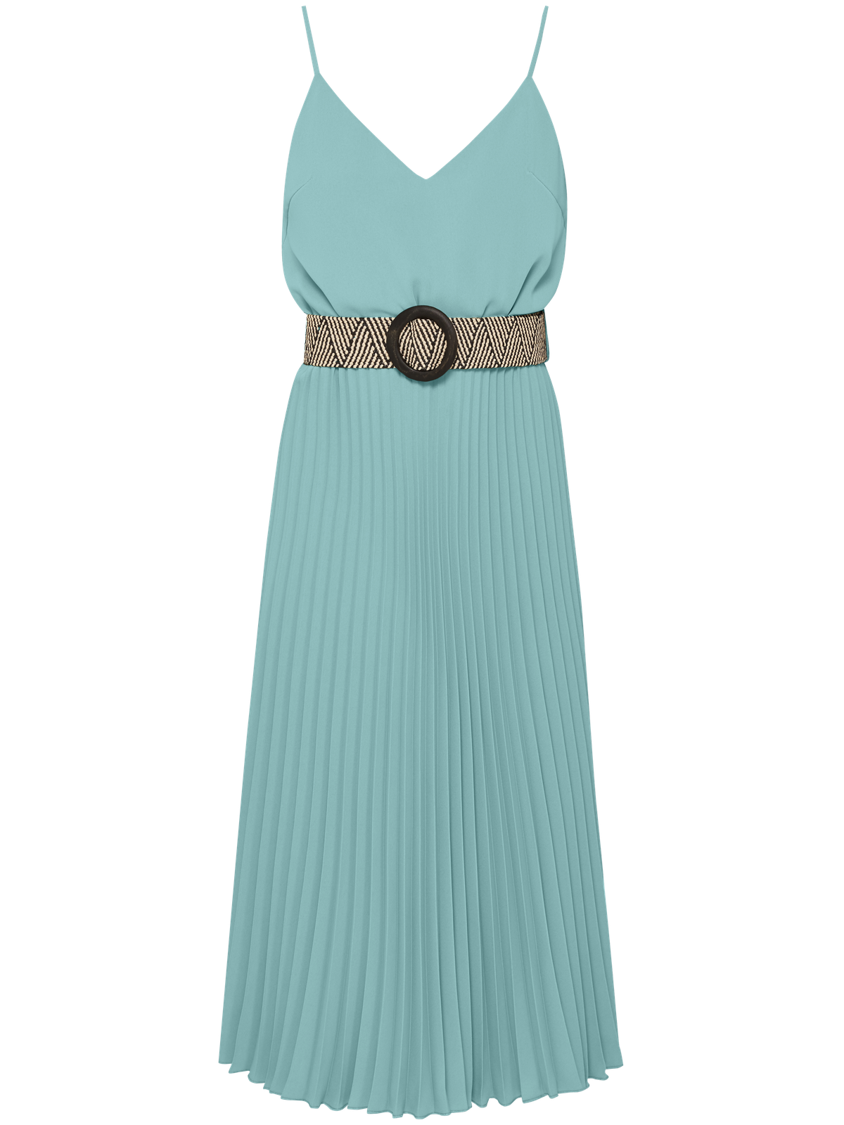 Женственное платье из легкой ткани. Топ-камисоль оформлен тонкими бретельками, подчеркивающими ключицы. Юбка миди украшена сплошной плиссировкой. Контрастный пояс с декоративной пряжкой очерчивает талию и идет в комплекте. Дополните образ элегантными босоножками.

На модели размер XS