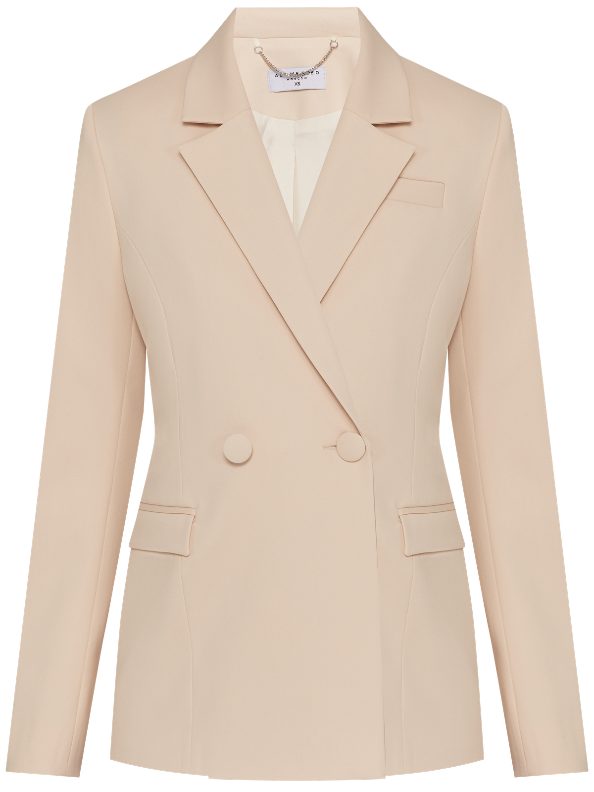 Приталенный двубортный жакет из мягкой костюмной ткани. Модель оформлена заостренными лацканами и обтяжными пуговицами в тон основной ткани. По бокам - карманы с клапанами, сзади - резинка, придающая акцент талии. Носите с базовой футболкой и джинсами или поверх элегантного вечернего платья.

На модели размер XS