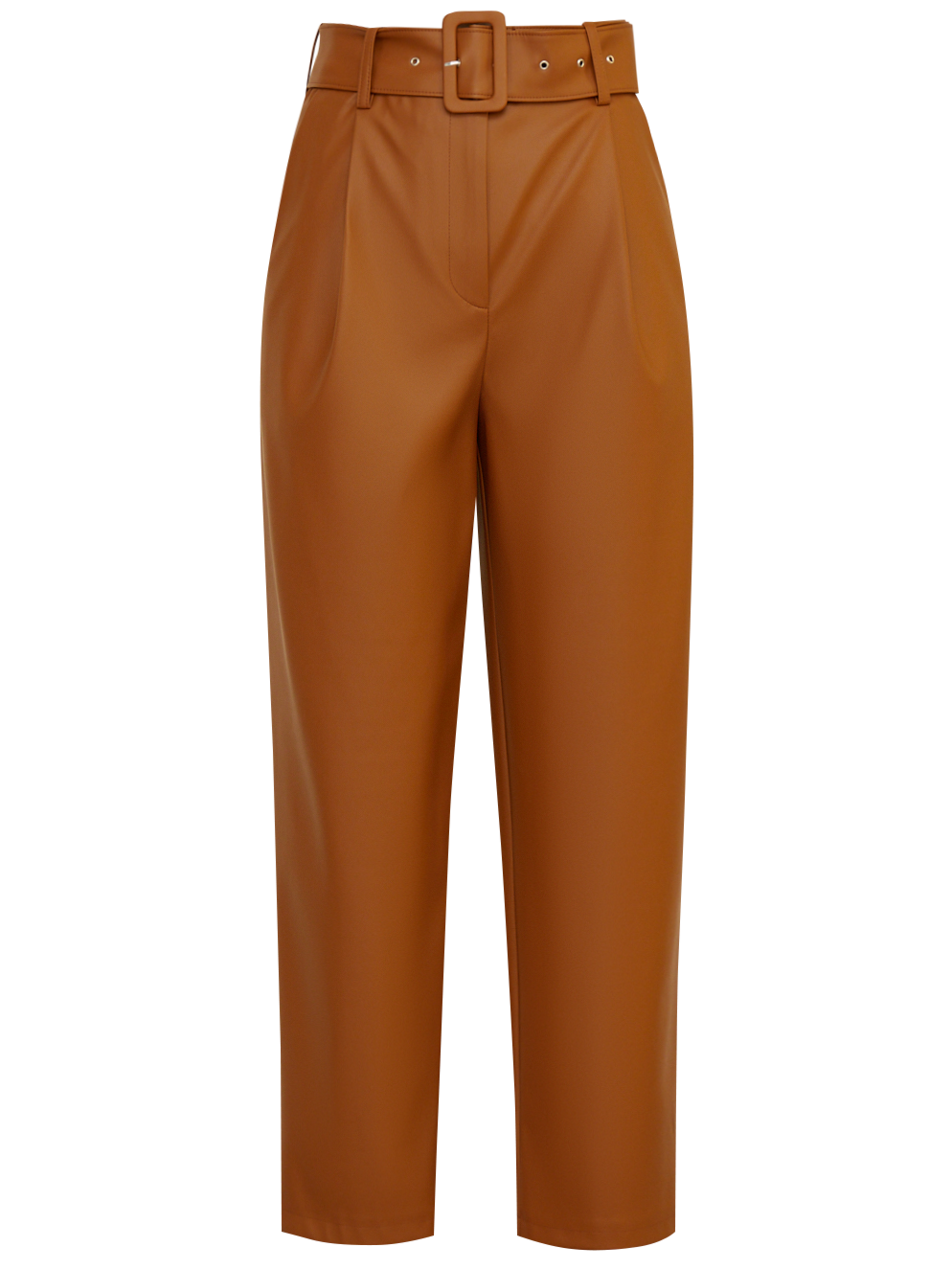 Брюки бананы прямого силуэта слегка зауженные к низу. Модель с высокой посадкой дополнена ремнем с обяжнолй пряжкой. Брюки выполнены из эко-кожи. Дополните образ легкой блузой oversize для создания трендового образа.

На модели размер XS