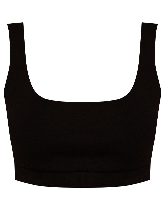 Укороченный топ облегающего кроя выполнен из двухслойной мягкой хлопковой ткани. Ткань топа плотная, что позволит носить его без нижнего белья. Квадратный вырез и широкие бретели подчеркивают плечи и линию декольте.

На модели размер XS